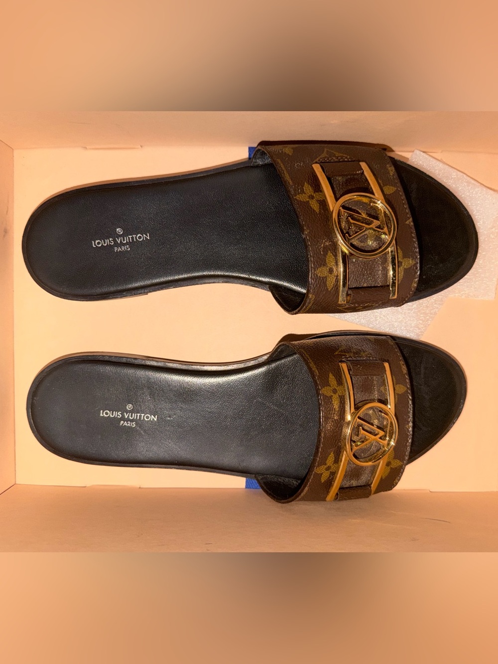 Louis Vuitton Brown Monogram Slide Sandals with Gold LV Buckle
